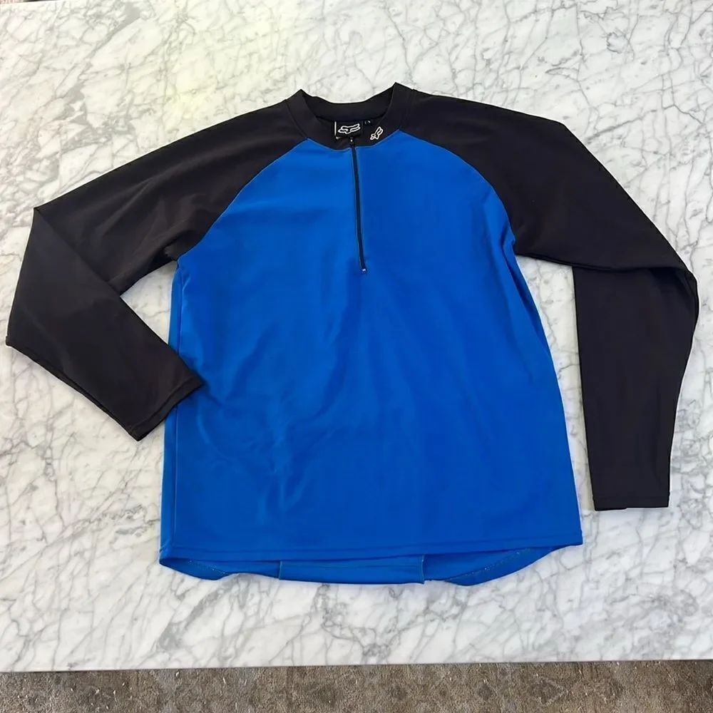 Vintage Fox Racing Cycling Jersey Mens Large 1/4 Zip Blue Stretch Pocket Bike
